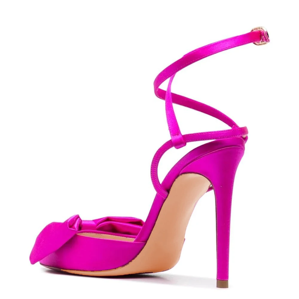 Elegant Hot Pink Satin High Heels Women's Pointed Toe Bow Shoes ...