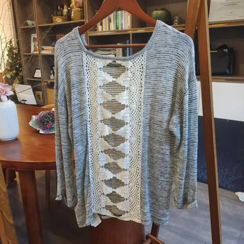 Women's Vintage Style Pullover Sweater Soft Light Fashion Loose Long Sleeves Crocheted Knit Front Solid Color Lace Back Spring