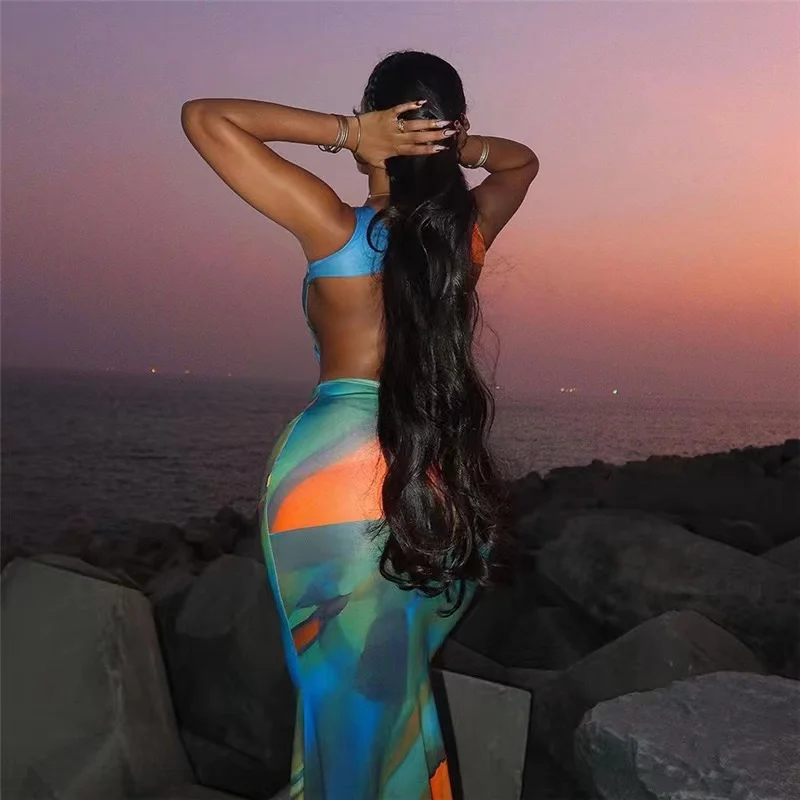 2024 Summer Gradient Print Maxi Dress Sleeveless Backless Long Dresses Sexy Vacation Outfits Holiday Elegant Bodycons