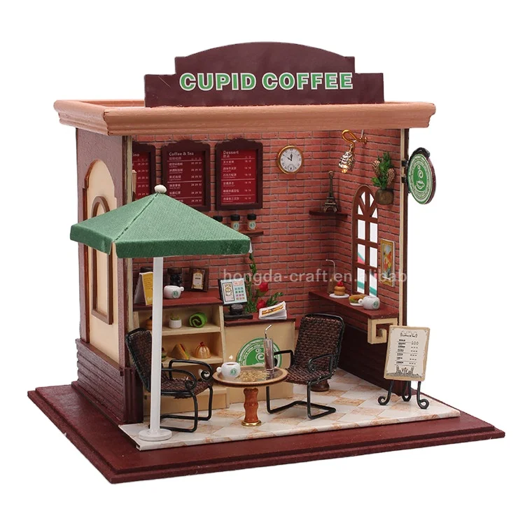 DIY Wooden Toy Miniature Doll House Kit Timing Coffee Shop LED Light Dollhouse 