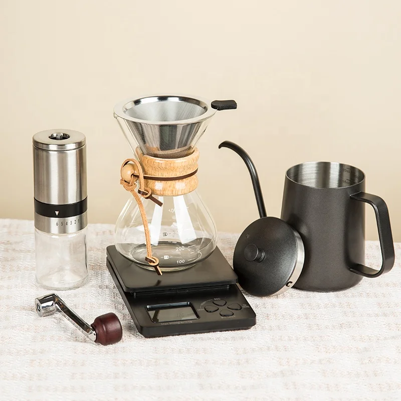 Pour Over Coffee Maker Set Chemex with Metal Filter 600ml Kettle Hand Grinder
