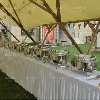 Luxury Round Stainless Steel and Glass Chafing Dish Buffet Set Electric Food Warmer with Gas Fuel Heating for Hotels Weddings