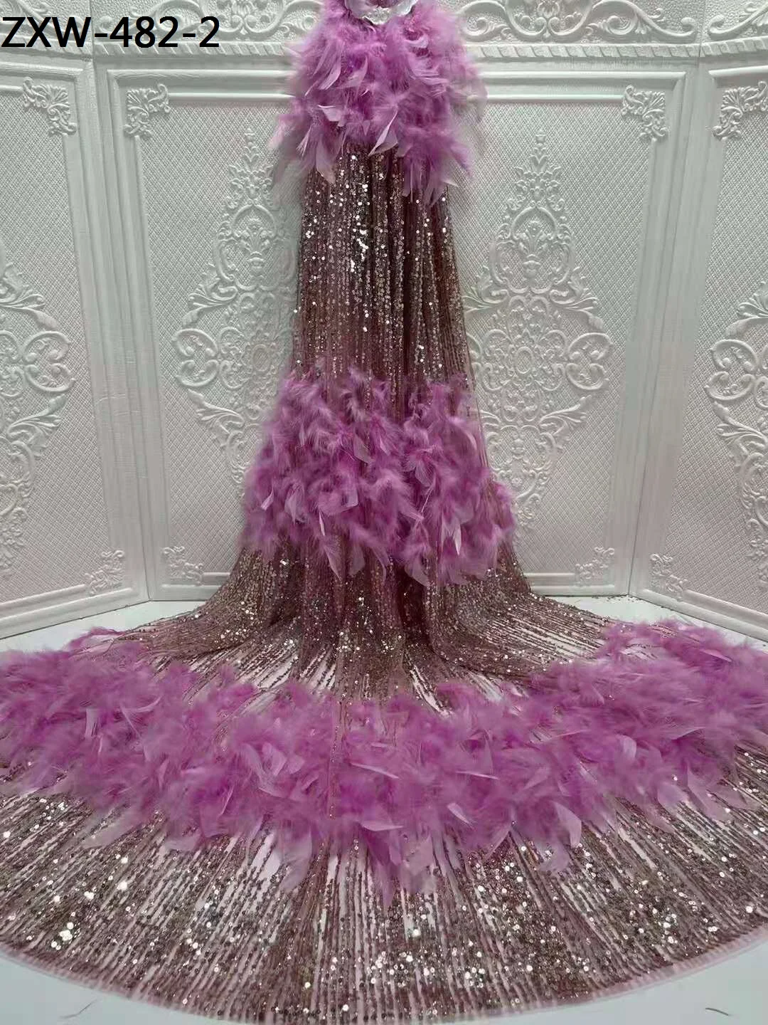Unique Women Fashion Dress Material Embroidery Mesh 3D Soft Feather Glitter Lace Fabric
