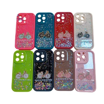 Glitter sequin bicycle pattern phone case with pearl diamond ornament for iphone 15 pro max