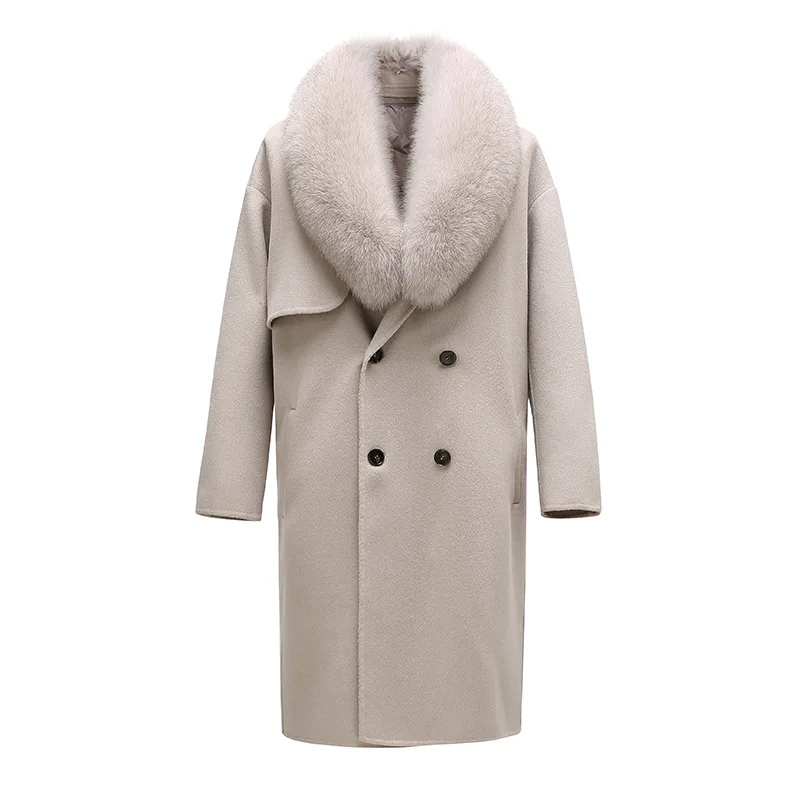 Winter Long Wool Trench Coat Fashion Detachable Fox Fur Collar Cashmere Coat For Men - Image 3