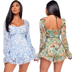 Customize Casual Chiffon Breathable Fashion Floral Jumpsuit Lantern Sleeve Ruffle Shorts Sexy Backless Women's Square Collar
