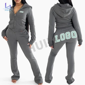 Huili Custom LOGO Solid Color Heavyweight Tracksuit Zip up Cropped Top Two Piece Flared Sweatpants and Hoodie Set for Ladies