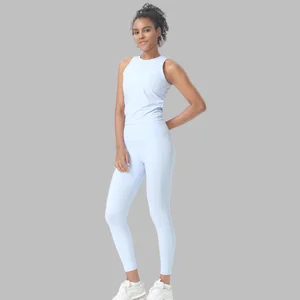Summer Ladies Gym Wear Skinny Lounge Wear Ribbed 2 Piece Sleeveless Crop Tops Leggings Lounge Set Two Piece Loungewear Sets