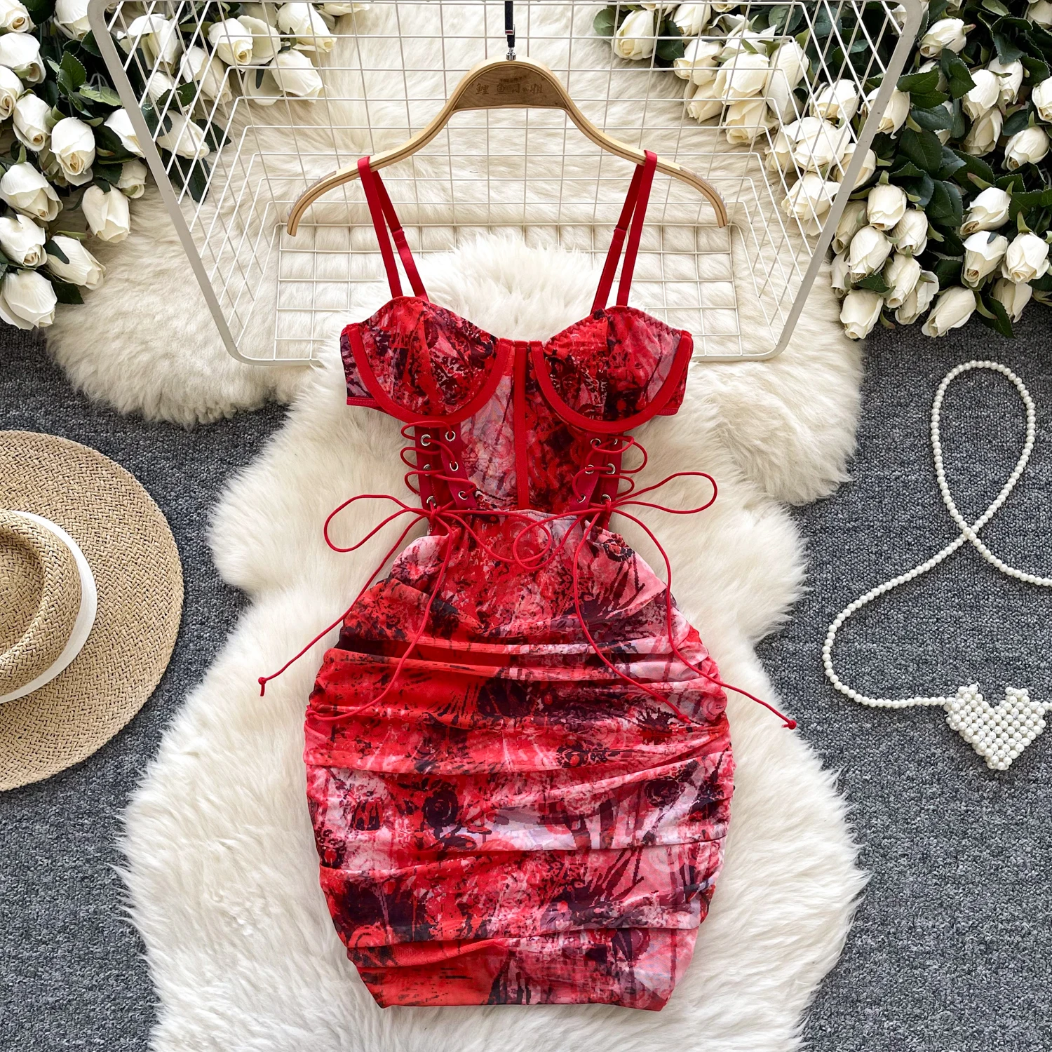 Summer Y2K Strapless Bandage Hip Midi Dress For Women Hollow Out Lace Dress Summer Y2K Strapless Bandage Hip Midi Dress For Women Hollow Out Lace Dress