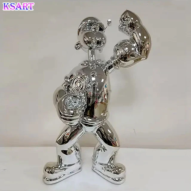 Factory wholesale home decoration fiberglass Popeye sculpture Silver Popeye electroplated crafts