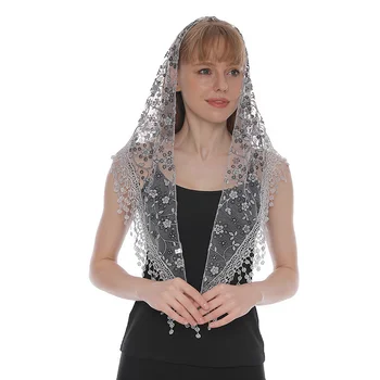 HZW-22003 White Women's Spanish Mantilla Lace Catholic Veil for Chapel Church Shawl Head Covering Mass Shawl and Scarves