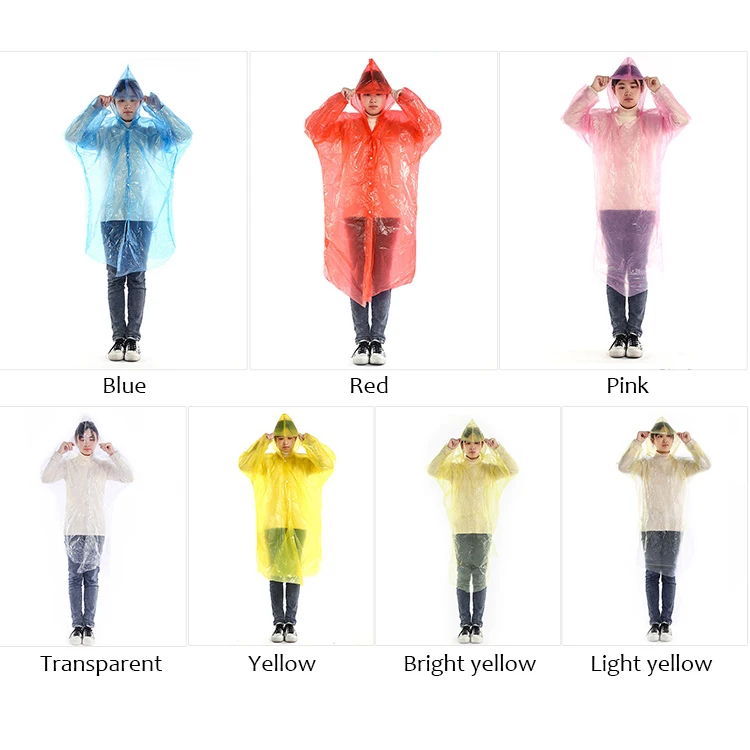 Free Sample for Poncho Disposable Rain Coat Hooded Raincoat for Adults Waterproof Plastic Material for Rainy Camping and Hiking