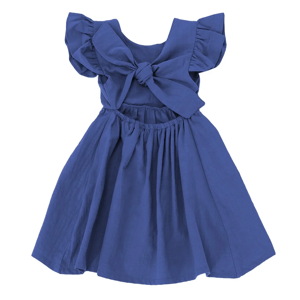 OEM-Сервис, льняной Сарафан для маленьких девочек, одежда, повседневное Плиссированное Платье для малышей, однотонное винтажное платье с открытой спиной для маленьких девочек