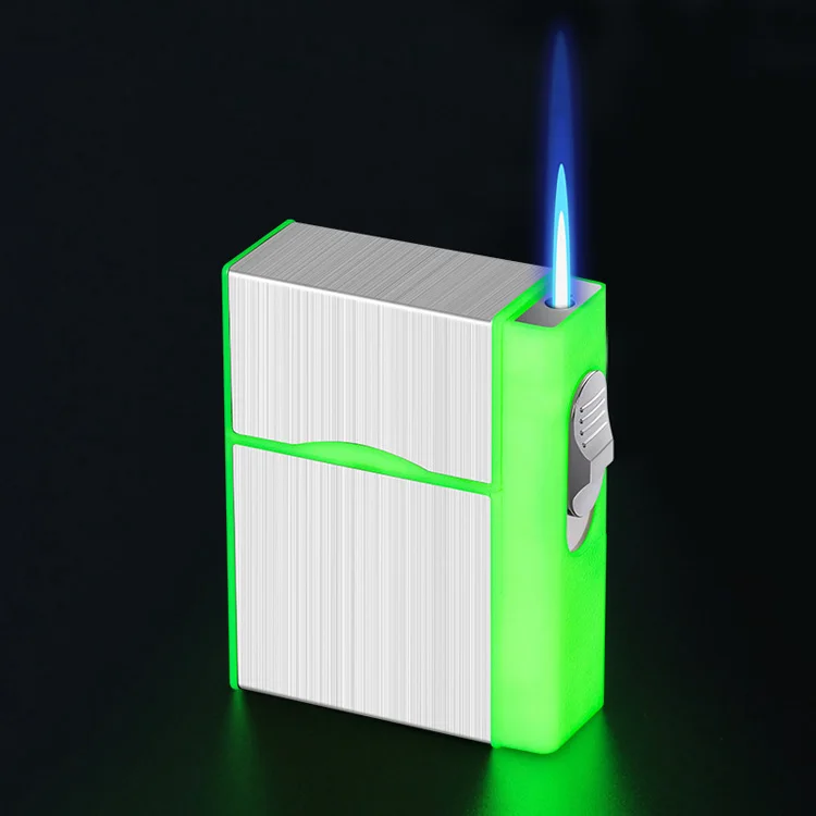 AIRO 2023 New Luminous Cigarette Case Gas Metal Blue Flame Cigarette Case With Lighter