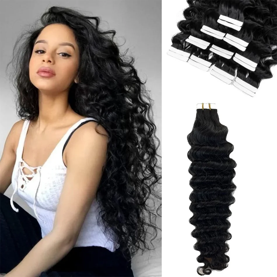 Extension a nastro con onde profonde 100% capelli umani Extension a nastro con onde profonde Extension a nastro con onde profonde Extension a trama di pelle per capelli naturali Remy_voghion.com