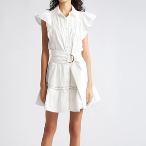 Lady Elegant Style Flutter Sleeve Belted Mini Shirt Dress With Solid Lace Insert Slim Wear Women's Dresses