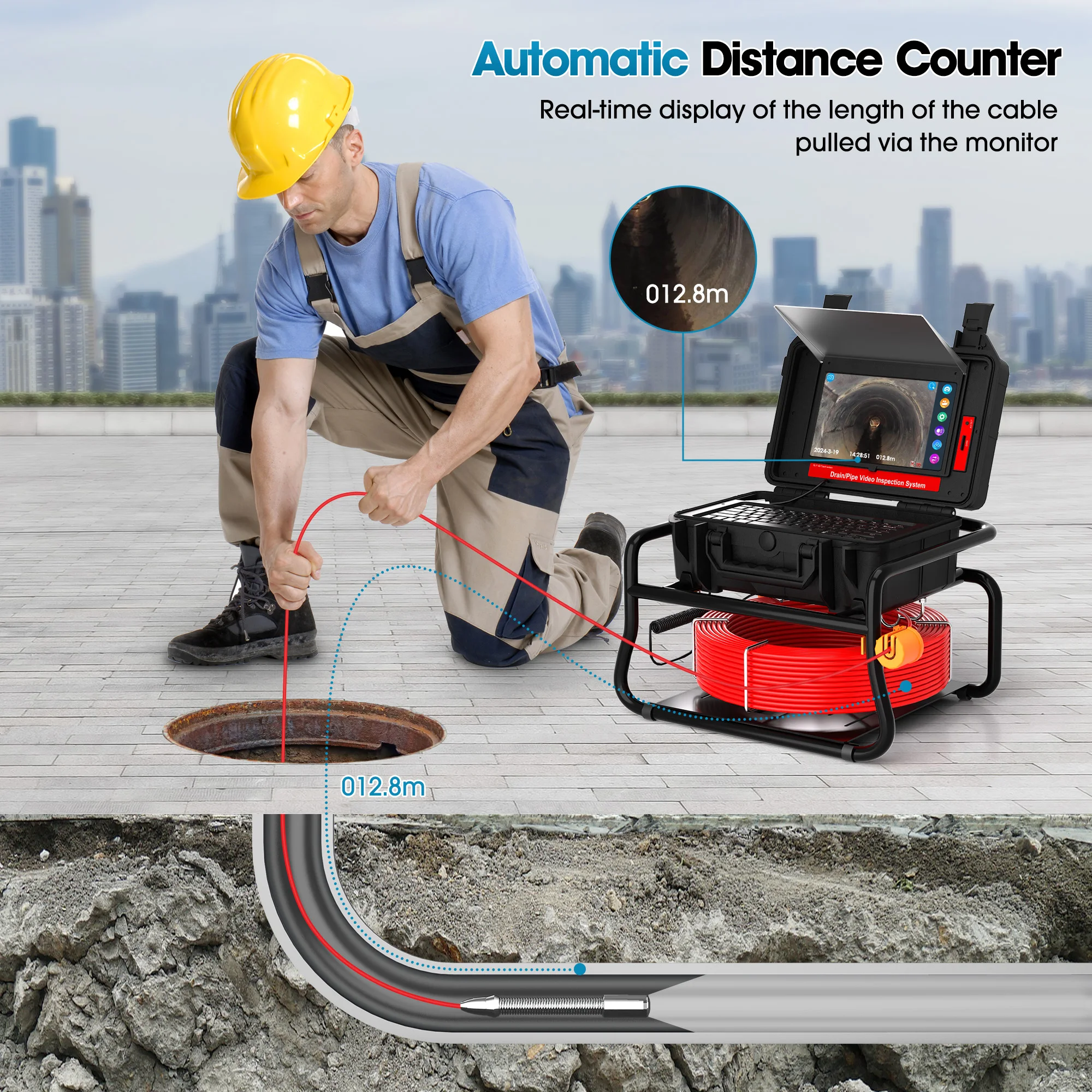 Self-leveling&512Hz Sonde&Locator Sewer Camera 10.1inch Touch Screen Meter Counter Pipe Inspection Video Camera 16GB Card Drain Camera details