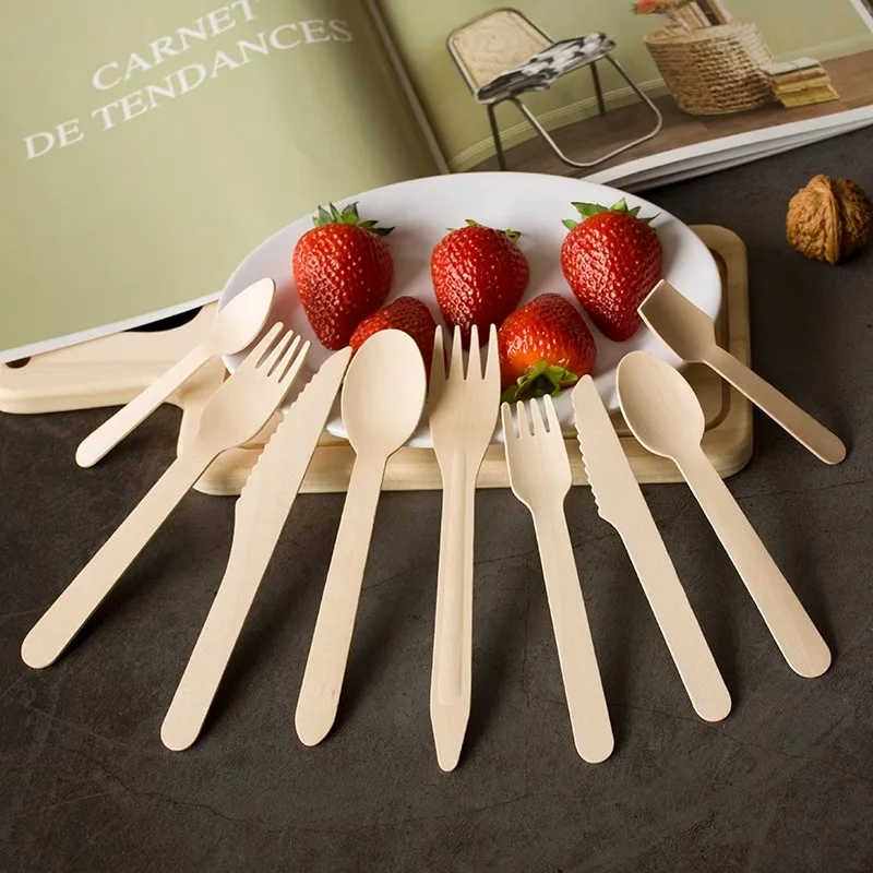 Wholesale Disposable Wooden Spoon Fork Knife Biodegradable Wood Tableware Cutlery Set Bulk 5435