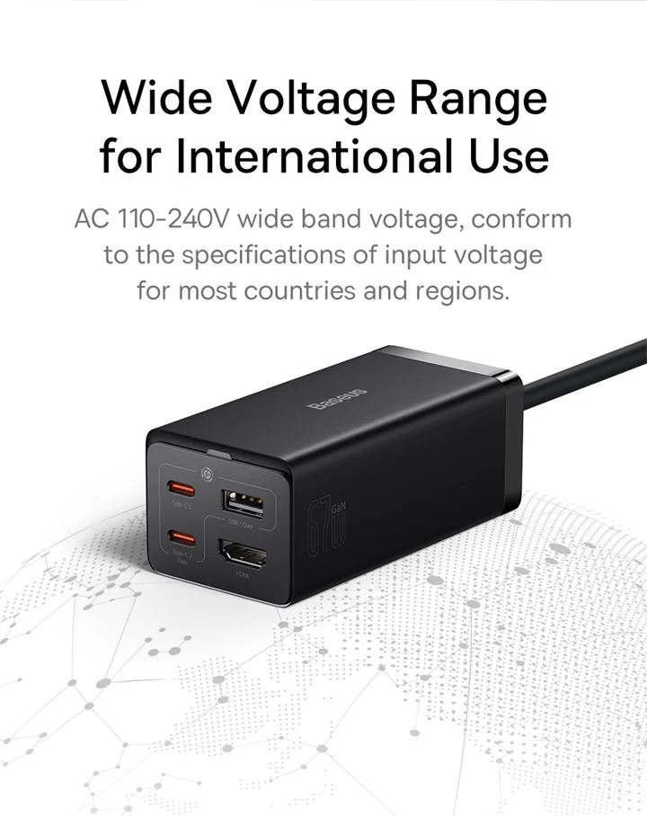 Pour baseus GaN5 Pro chargeur rapide de bureau 1U + 2C + HDMI 67W avec cordon d'alimentation de 1.5m prise de charge