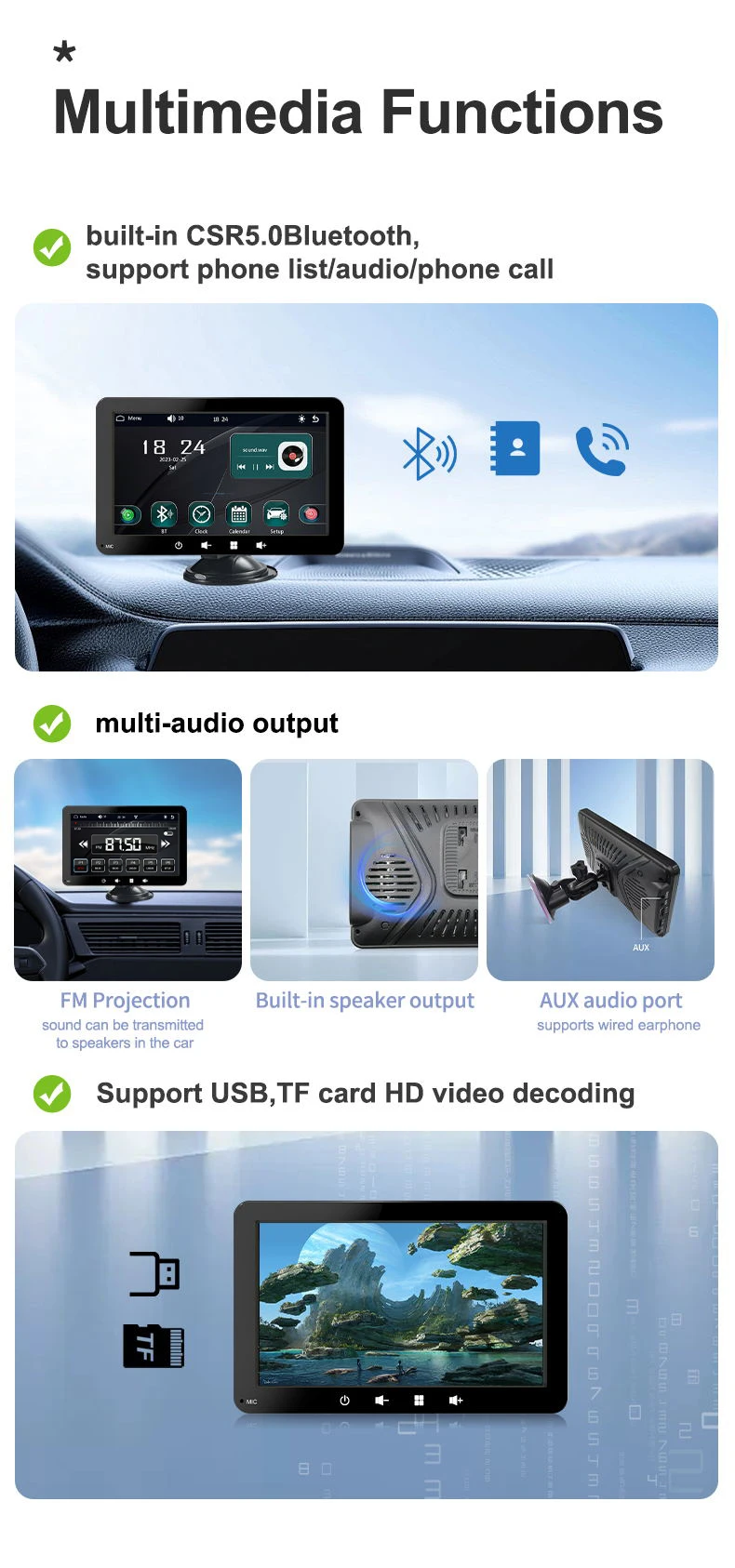 7 Inch Portable Linux Carplay Android Auto Phone Link IPS Screen Car Tablet