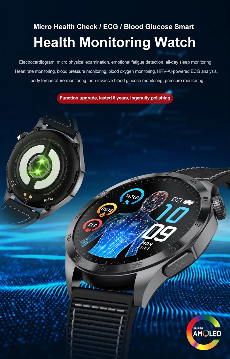 2024 New Non-invasive Blood Glucose Monitor Smartwatch Et485 Ecg Amoled ...