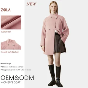 Pink Young Women's Casual Double Breasted Handmade Wool Coat with Stand Collar Winter Outerwear and Belt