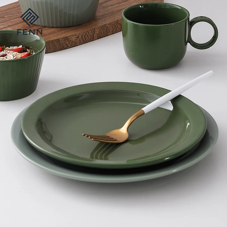 FENN New Trend 7.5/8.5 Inch Scratch Resistant Porcelain Plate Glossy Green Glazed Ceramic Plates For Daily-use