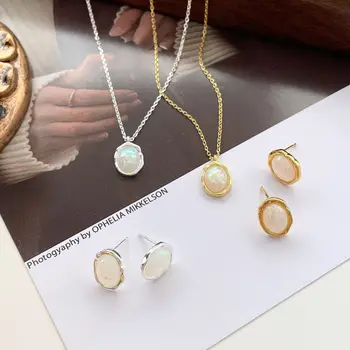 925 Silver Synthetic Oval Opal Necklace Earrings Opal Women's Oval Necklace Earrings Fine Jewelry Opal Sets Waterproof Jewelry