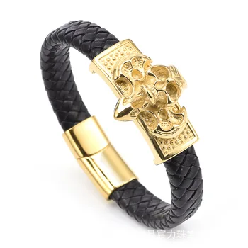 Stainless Steel Titanium Steel Braided Leather Rope Bracelet, European and American Simple Leather Rope