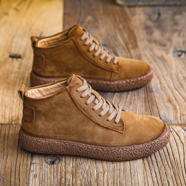 Men's Winter High-Top Sneakers British Retro Work Shoes Warm Velvet Frosted Casual Style Lace-Up Mesh