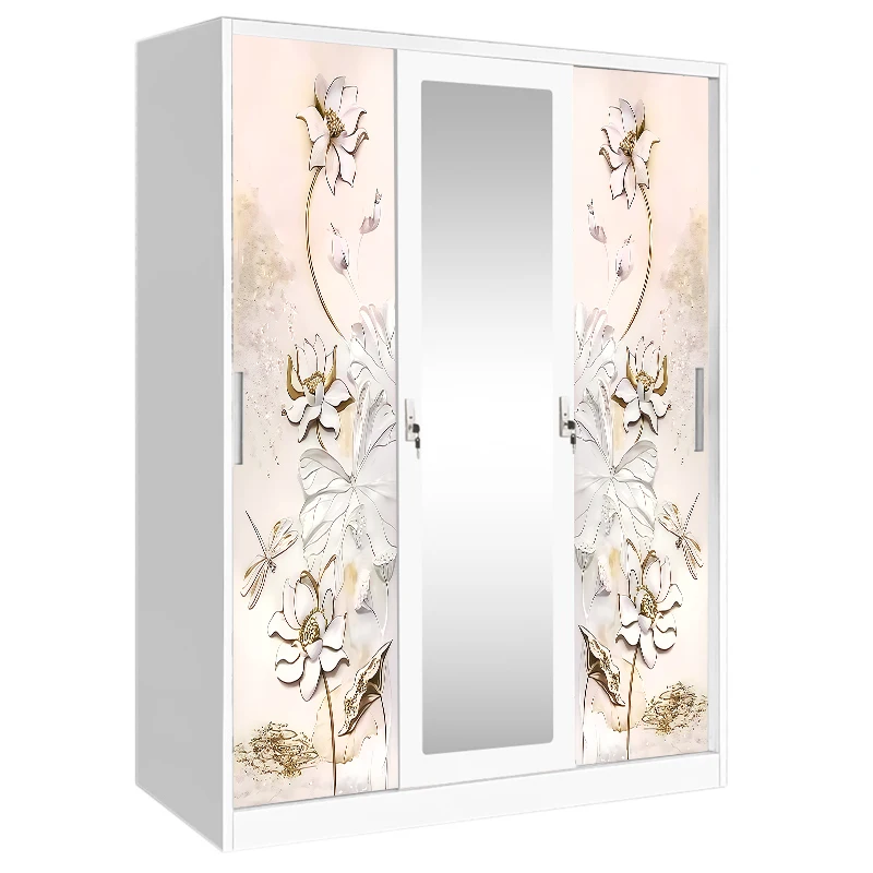 Durable Three Door Mirror Wardrobe with Steel Sliding Doors