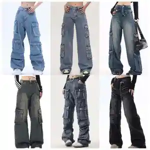 Women's Breathable Waist-Length Denim Work Pants Retro Colorfast Straight Multi-pocket Design Casual Stylish for Daily Wear