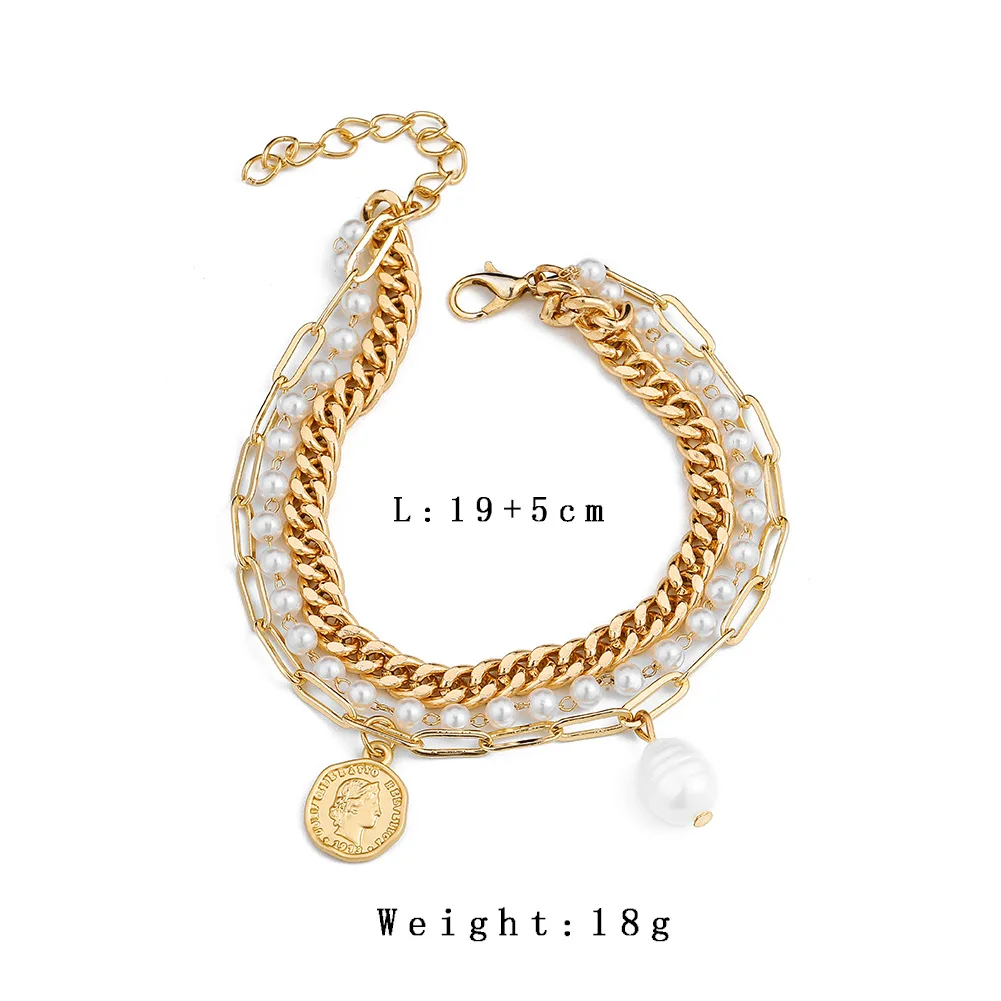 New Bohemia Round Imitation Pearl Coin Pendant Bracelet Bangle Women Punk Carved Coin Letter Thick Chain Bracelets New Year Gift