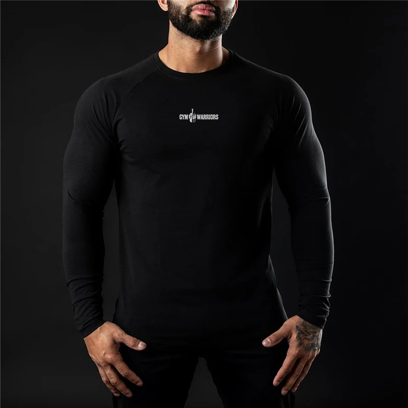 Cotton Elastane Muscle Slim Fit Crewneck Custom Factory Support Wholesale Gym Fitness Clothing Mens Long Sleeve T Shirt