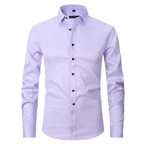 Men's Anti-Wrinkle Casual Slim Shirt Elastic Single Breasted with Twill Fabric Solid Color Size EU for Autumn