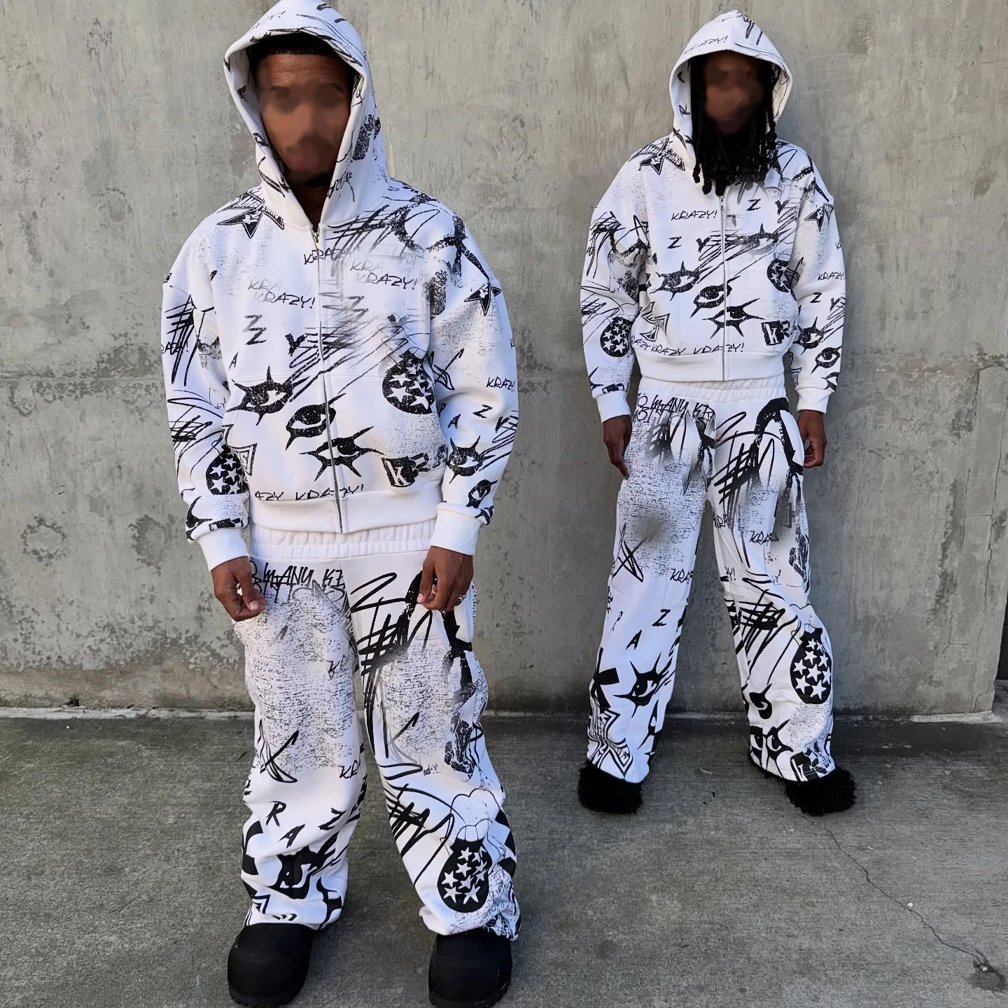 Salati ODM Custom Vintage Print Set Heavyweight Cotton Zip Hoodie Oversized Loose Low-Rise Street Sportswear Pants Tracksuit gallery 4