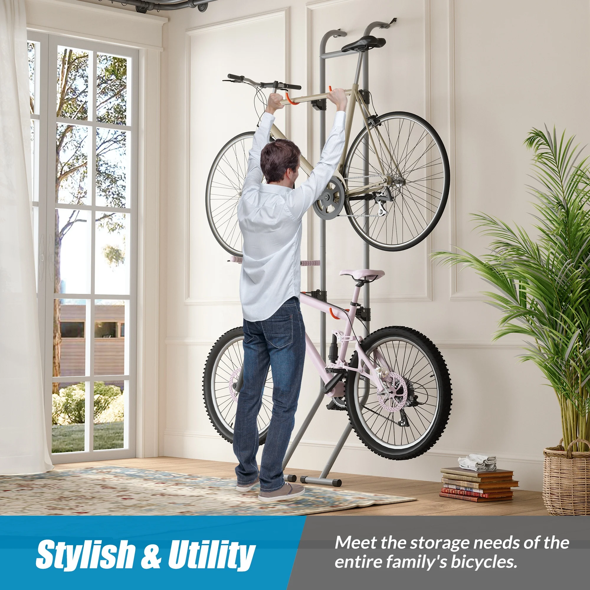 Robuster Vertikaler Boden-Fahrradstnder fr 2 Fahrrder,  Schwerkraft-Fahrradstnder, Indoor-Fahrrad-Organizer, Fahrradhalterung,  Fahrrad-Aufbewahrungsregal fr die Garage