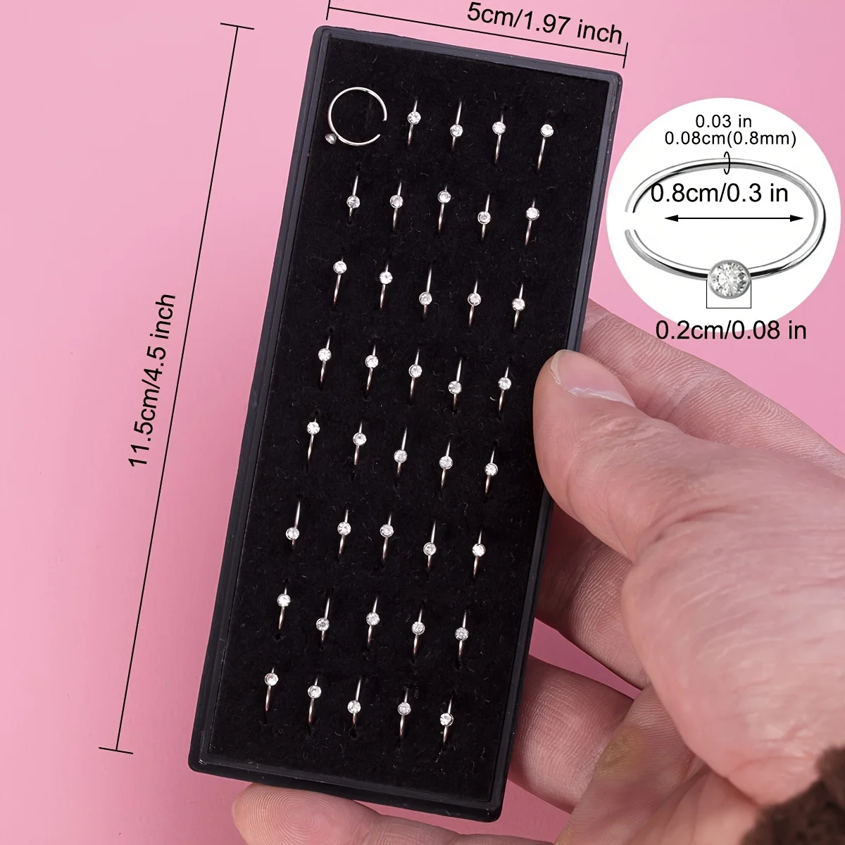40pcs/Box Rhinestone Nose Rings Stainless Steel Nostril Piercing Jewelry Nose Hoop Ring 8mm Cartilage Tragus Daith Earrings