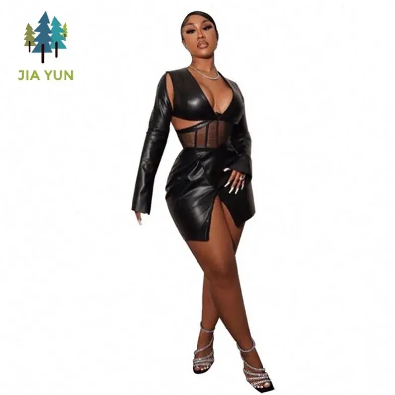 Leather Cut-out Sexy Nightclub Dress 