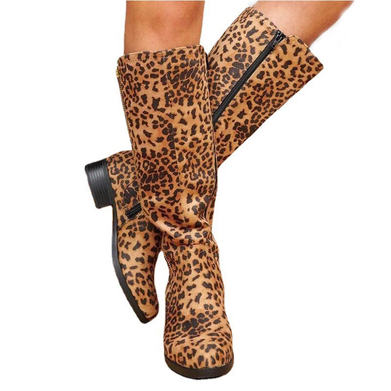 leopard print flat knee high boots