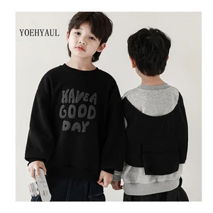 YOEHYAUL Letter Printed Back Spliced Vest Pocket Casual Kids Crew Neck Sweatshirt Autumn Custom Child Hoodie Sweatshirt Kids