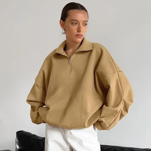 Autumn Winter 2024 Off-Shoulder Sleeve Solid Oversize Sweatshirts Lady Sporty Half Zip Pullover Hoodie Tops Women Jacket Coats