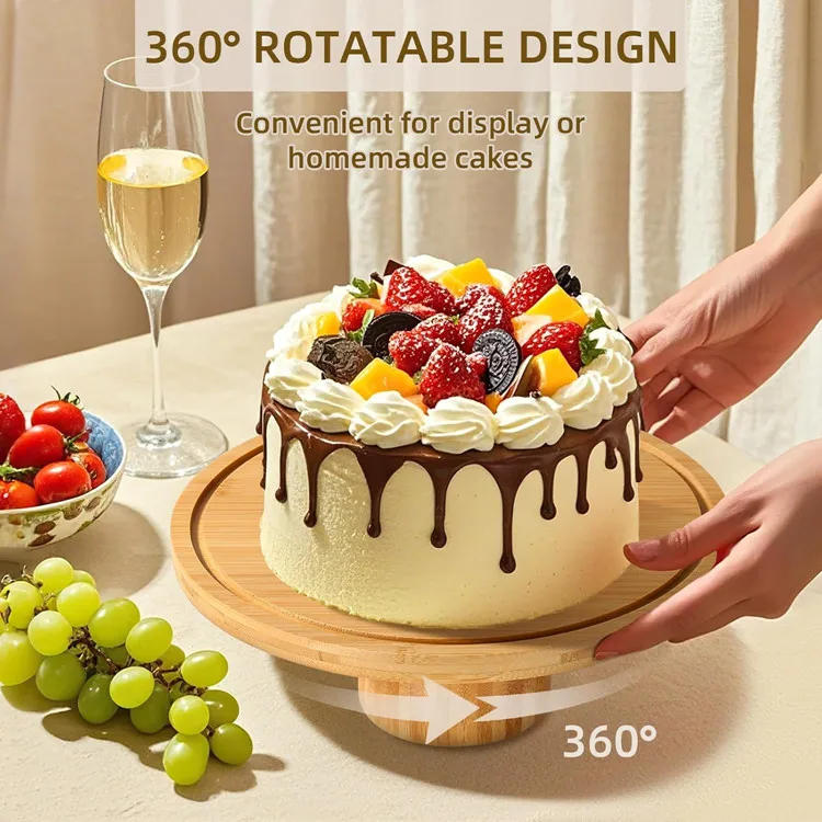 New Design Dessert Table Cupcake Plate Display Server Tray Rotating Bamboo Cake Stand With Acrylic Lid  for Events