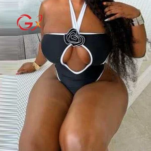 GX2512 Fashion Sexy Summer Solid Color 3D Floral Hollow Out Halter Swimsuit One Piece Swimwear Women