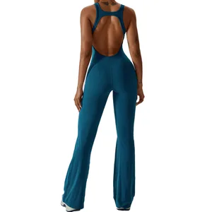 High Quality Gymwear Open Back V Scrunched Butt Jumpsuit Woman Solid Color Slim Fit Athletic Fitness Workout Clothings