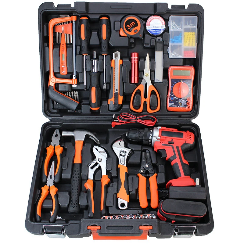 Hot Sales 58PCS Home Mechanic Toolbox Lithium Cordless Drill Power Tools Set Household Power Hand Repair Tools Sets Combo Kits