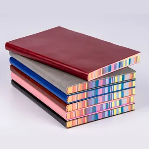Hot Sale Custom Logo A5 A6 PU Leather Line Journal Diary Rainbow Edge Notebook 200pages