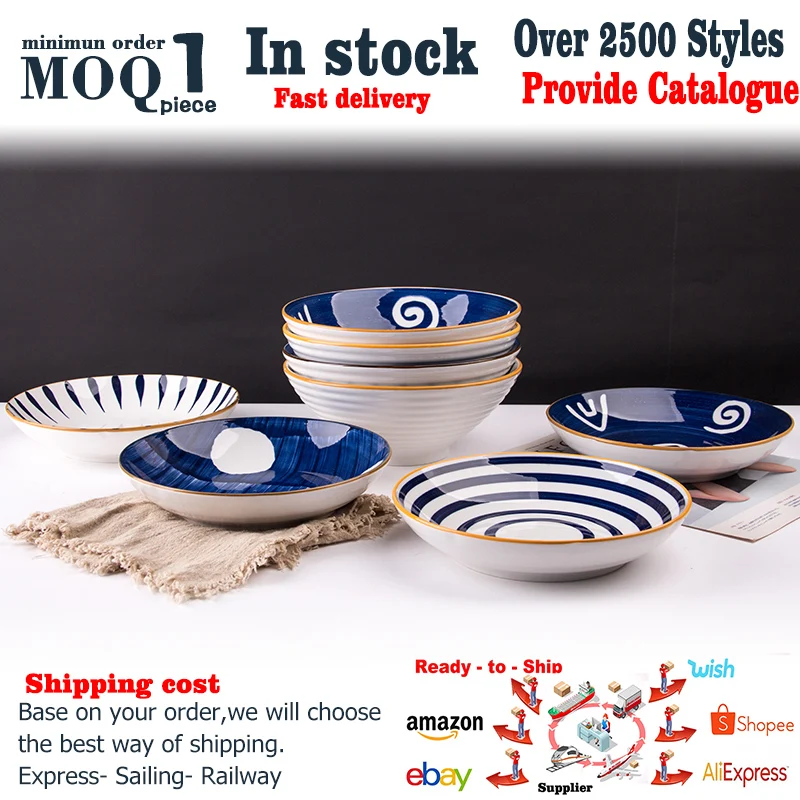 8 Inch Disposable Eco-Friendly Ceramic Japanese Style Design Mixing Hand Painted Ramen Rice Soup Bowl Plate Noodle Set