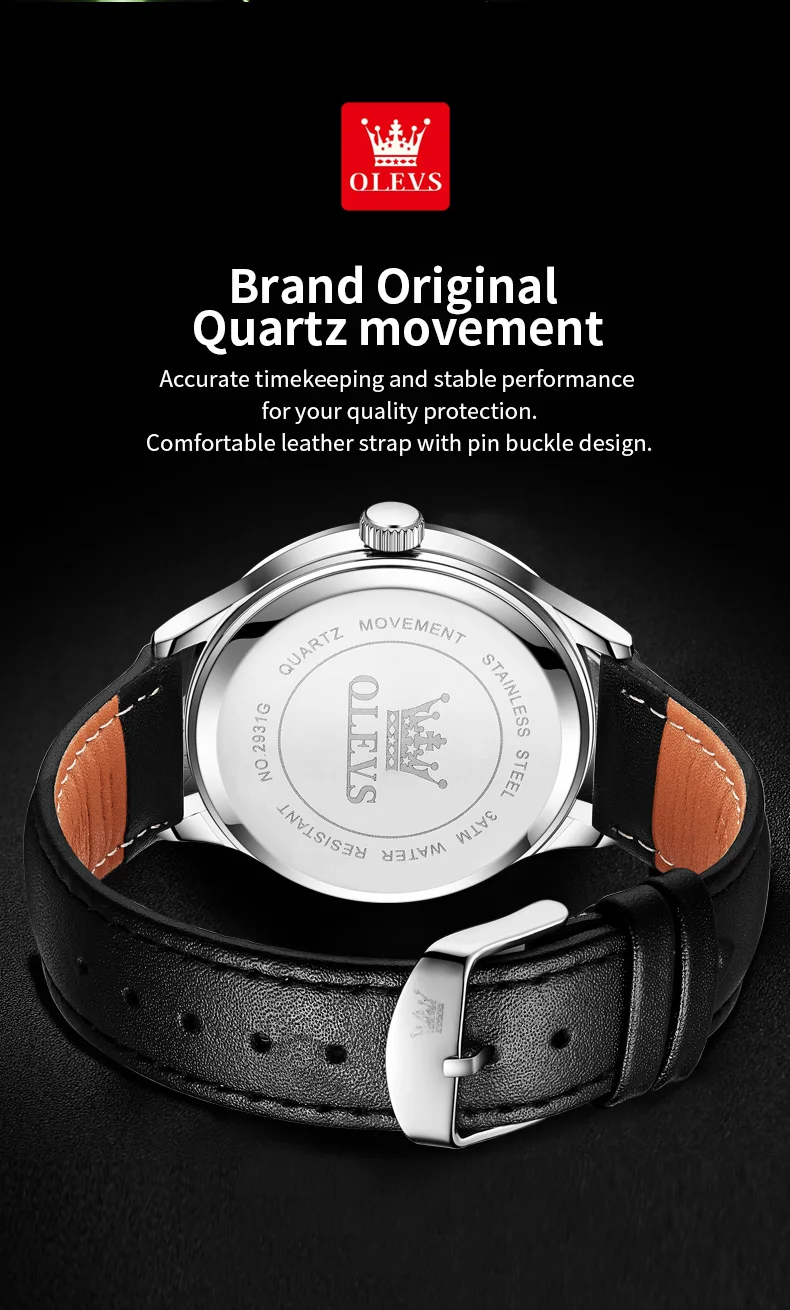 OLEVS 2931 Original Leather Strap Fashion Waterproof Quartz Top Brand Luxury Men's Wrist Watch Men Business Luminous Watches