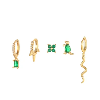 Laodun Small Tiny Creative Green Zircon Women New Fashion Earring Classic Popular Jewelry Huggie 5 Pieces Earring Set